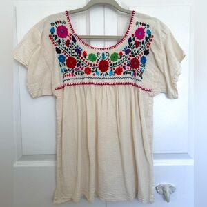 Mexican Hand Embroidered Multi-colored Flowers off-white Cotton Top Blouse